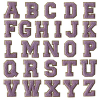 Lettres en tissu chenille autocollantes violettes, brodées, avec sequins, pour serviettes, lettres universitaires, fournies directement par l'usine