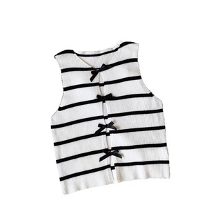 <span class=keywords><strong>Gilet</strong></span> court en polyester côtelé <span class=keywords><strong>rayé</strong></span> <span class=keywords><strong>noir</strong></span> <span class=keywords><strong>et</strong></span> <span class=keywords><strong>blanc</strong></span> pour femme, style décontracté avec nœud papillon, style Spicy Girl - Product Image 5