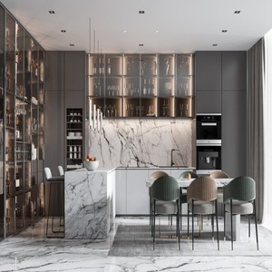 Mueble <span class=keywords><strong>de</strong></span> Cocina Personalizado <span class=keywords><strong>de</strong></span> Madera <span class=keywords><strong>de</strong></span> Roble Macizo con Estante para Vinos, Portavasos y Enfriador - Diseño Moderno Multifuncional Resistente al Agua - Product Image 2