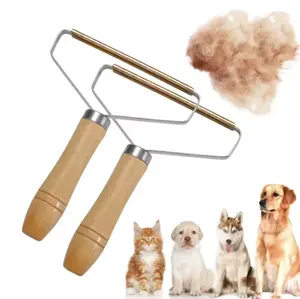 Alat cukur bulu hewan peliharaan, dapat dipakai ulang portabel sikat pembersih bulu mantel kain serat dengan pegangan kayu