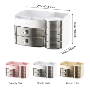 Organizzatore per Trucchi <span class=keywords><strong>in</strong></span> Plastica con Coperchio Antipolvere, Contenitore per Cosmetici da Bancone, Vassoio Indipendente con 2 Cassetti - Product Image 4