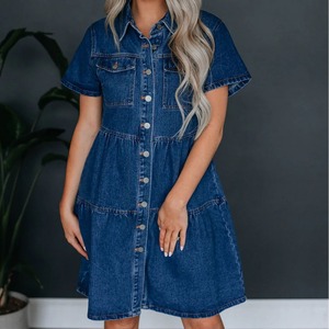 <span class=keywords><strong>Vestido</strong></span> Camisero <span class=keywords><strong>Vaquero</strong></span> Casual de <span class=keywords><strong>Mujer</strong></span> con Capas, Manga Corta, Abotonado, Mini <span class=keywords><strong>Vestido</strong></span> de Jean con Bolsillos para Moda de <span class=keywords><strong>Verano</strong></span> al por Mayor - Product Image 4