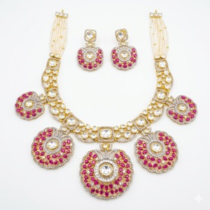 Premium 925 Silver Pink <b>Ruby</b> <b>Necklace</b> Set Luxury Bridal Jewelry Designer Ethnic Pearl <b>Necklace</b> with Earrings for Women - Product Image 1