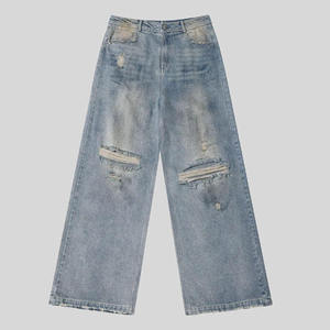 Jeans al por mayor personalizados de estilo urbano, 100% algodón, desgastados, vintage, rotos, de moda para hombre, de pierna ancha, holgados - Product Image 4