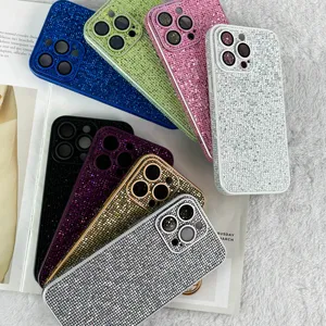 2023 funda de teléfono de lujo Bling Glitter Diamond con Protector de pantalla de lente de cámara para la serie iphone