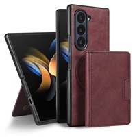 Casing Dompet Kulit PU Retro Magnetik dengan Pelindung Layar Kaca Depan dan Kantong Kartu untuk Samsung Z Fold 5 6 7 8