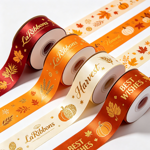 Customised Gold Foil Satin <b>Ribbon</b> Glitter Hot Stamp Logo Spool Type for Harvest Gifts Decoration 10 Yards Roll - Product Image 1