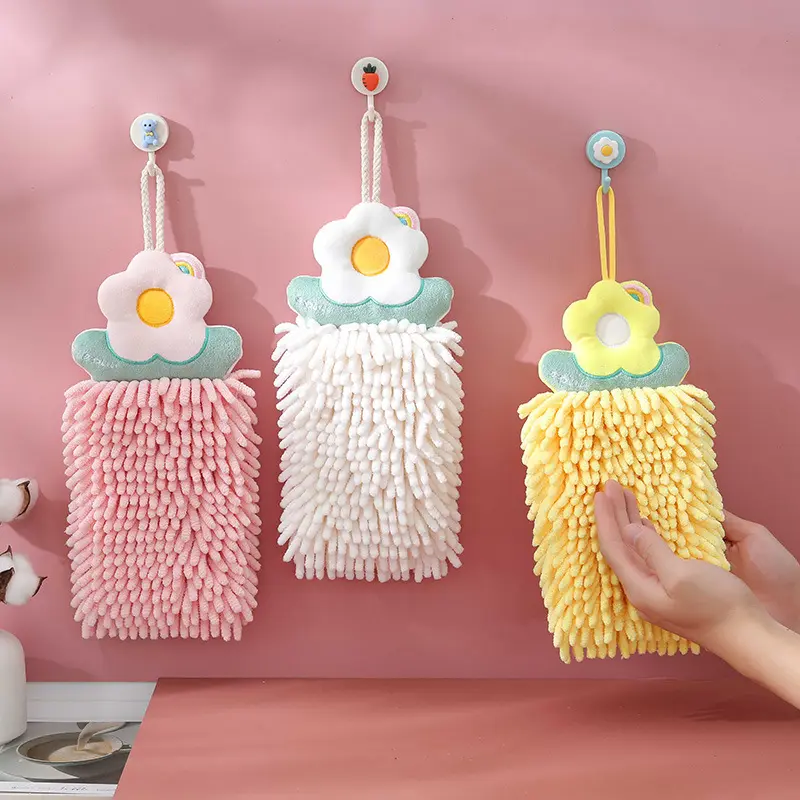 Belle Chenille Doux Suspendu Essuie-mains Absorbant Épais Mignon Fleur Serviette Pour Se Sécher Les Mains Dans La Cuisine