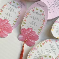 Kartu Menu Souvenir Pernikahan Premium Buatan Tangan dengan Embos Huruf Cinta, Motif Bunga Pink Oval, Rumbai, Kertas Seni Watercolour Edisi Terbatas