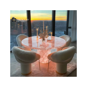 Mesa de comedor de cuarzo rosa con piedra translúcida de cristal rosa con retroiluminación de diseño iluminado - Product Image 1