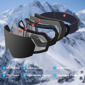 Custom UV400 Protection Skiglasses Sport Snow Board Eyewear OEM Anti Fog Ski <b>Glasses</b> Googles Straps Magnetic Lens Ski Goggle - Product Image 5