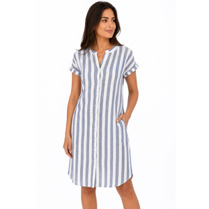 Robe chemise midi d'été pour femme, élégante et décontractée, à rayures, col montant, boutonnée sur le devant, manches courtes amples, tissée, imprimé numérique - Product Image 1