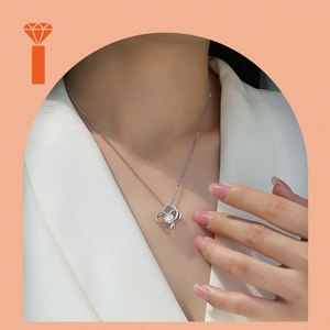 Nouveau Design Collier en Argent Luxe Cœur Entrelacé Double, Moissanite Centrale Sertie à Griffes, Cadre Cœur Demi-Pavé, Cadeau Romantique - Product Image 6