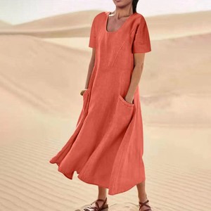 Vestido Casual Largo de Algodón y Lino de Color Liso con Manga Corta <span class=keywords><strong>para</strong></span> Mujer JAC22 M4274 - Product Image 6