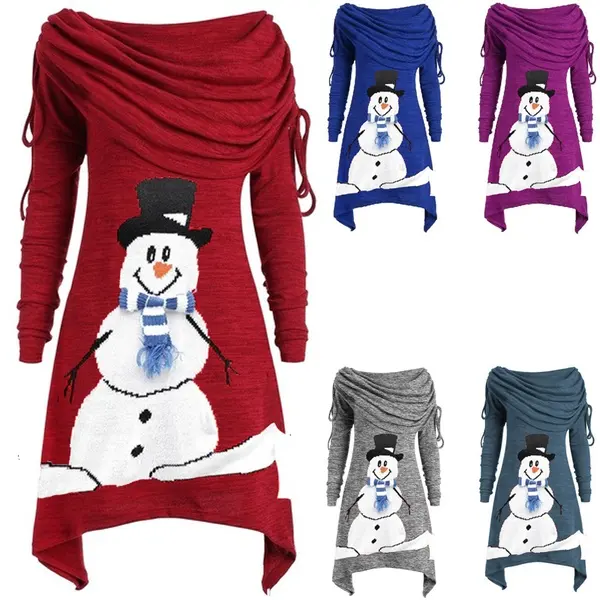 2023 Snowman Phim Hoạt Hình In T-Shirt Dress Phụ Nữ Dài Tay Áo Smocked Giáng Sinh Ăn Mặc