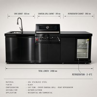 Station de barbecue au charbon de bois 3-en-1 personnalisée en acier inoxydable noir, îlot de cuisson extérieur mobile avec réfrigérateur et évier pour jardin