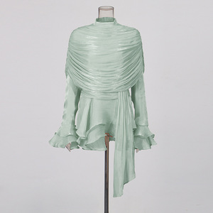 Abito Mini Elegante con Volant e Inserti, Collo Tondo, Maniche Lunghe, Design Plissettato, Chiusura con Cerniera, Nuova Moda Femminile - Product Image 5