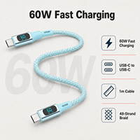 Kabel USB PD 60W Desain Layar Digital, Lapisan Luar Anyaman, Paduan Aluminium, Kompatibel untuk Laptop, Monitor, Ponsel