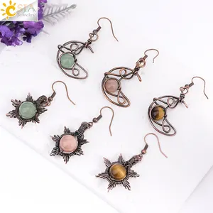 CSJA Fashion Jewelry Healing Natural Gem Stone Wire Wrapped Pendant Sun Stone Sun and Moon Shape Earrings for Women Girls H224