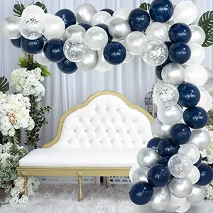 120 Stuks Marineblauwe Ballon Boog Slinger Kit Witte Latex Ballonnen Zilveren Confetti Ballonnen Set Voor Feestdecoratie