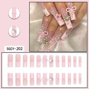 24 <span class=keywords><strong>Uñas</strong></span> Postizas Largas Cuadradas, <span class=keywords><strong>Color</strong></span> <span class=keywords><strong>Blanco</strong></span> Francés, con Lazos Rosados, Perlas <span class=keywords><strong>y</strong></span> Diamantes - Product Image 3