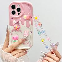 Coque de téléphone portable DIY motif lapin floral mignon avec chaîne pour iPhone 16 Plus 15 17 18 Pro Max, motif crème, coque arrière