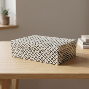 Handcrafted Wooden Storage <b>Box</b> with Geometric Black and <b>White</b> Design Stylish Organizer for Home or Office Use - Product Image 1