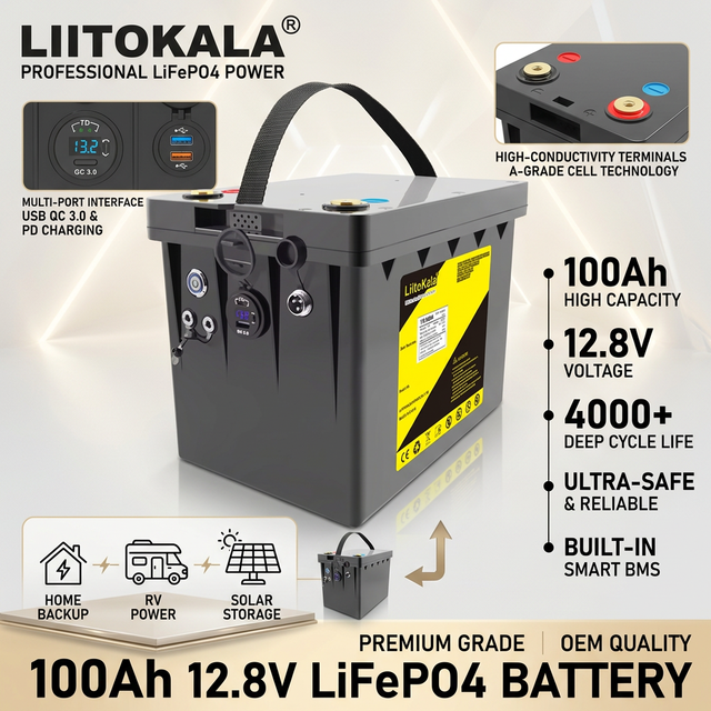Overcharge Protected 12V Lithium Iron Phosphate Battery Pack 100Ah 120Ah for Camping RV Off Grid Backup Power Device