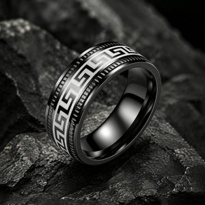Anillos de Acero de Titanio con Patrón <span class=keywords><strong>Griego</strong></span> en Relieve, Personalizados al por Mayor por JLM, para Hombre, Anillos de Boda, Promesa, Estilo Vintage, Geométricos - Product Image 1