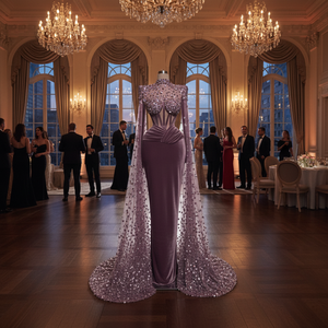 New Luxury Women's Floor-Length Beaded Lace Evening Dress Rhinestone Trim Lightweight Mermaid Silhouette Formal Wear Built-in - Product Image 3