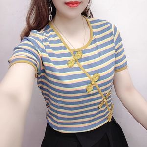 Traditional Chinese Striped Top Women Short Sleeve Blue Pink Acrylic Fiber Side Button T-Shirt Summer Fashion - Product Image 1