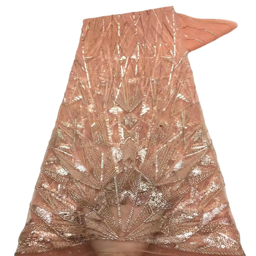 Tela bordada de tubo con cuentas de lentejuelas irregulares de alto grado LS709, tela de lujo para vestido de novia francés a la moda