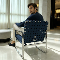 Fauteuil de salon de luxe en acier inoxydable, design pour villa/mansion, fauteuil individuel pour salon avec dossier et accoudoirs tressés