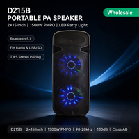 Enceinte PA active double 15 pouces, enceinte de fête en plastique classe AB 300W de puissance de crête avec lumière LED, USB, SD, FM pour événements, vente en gros