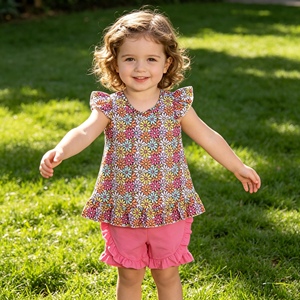 GSSO3353 rts Little Active Girl colorful flowers print Outfits Kids Wholesale Short Sleeve Set Girl Child - Product Image 1