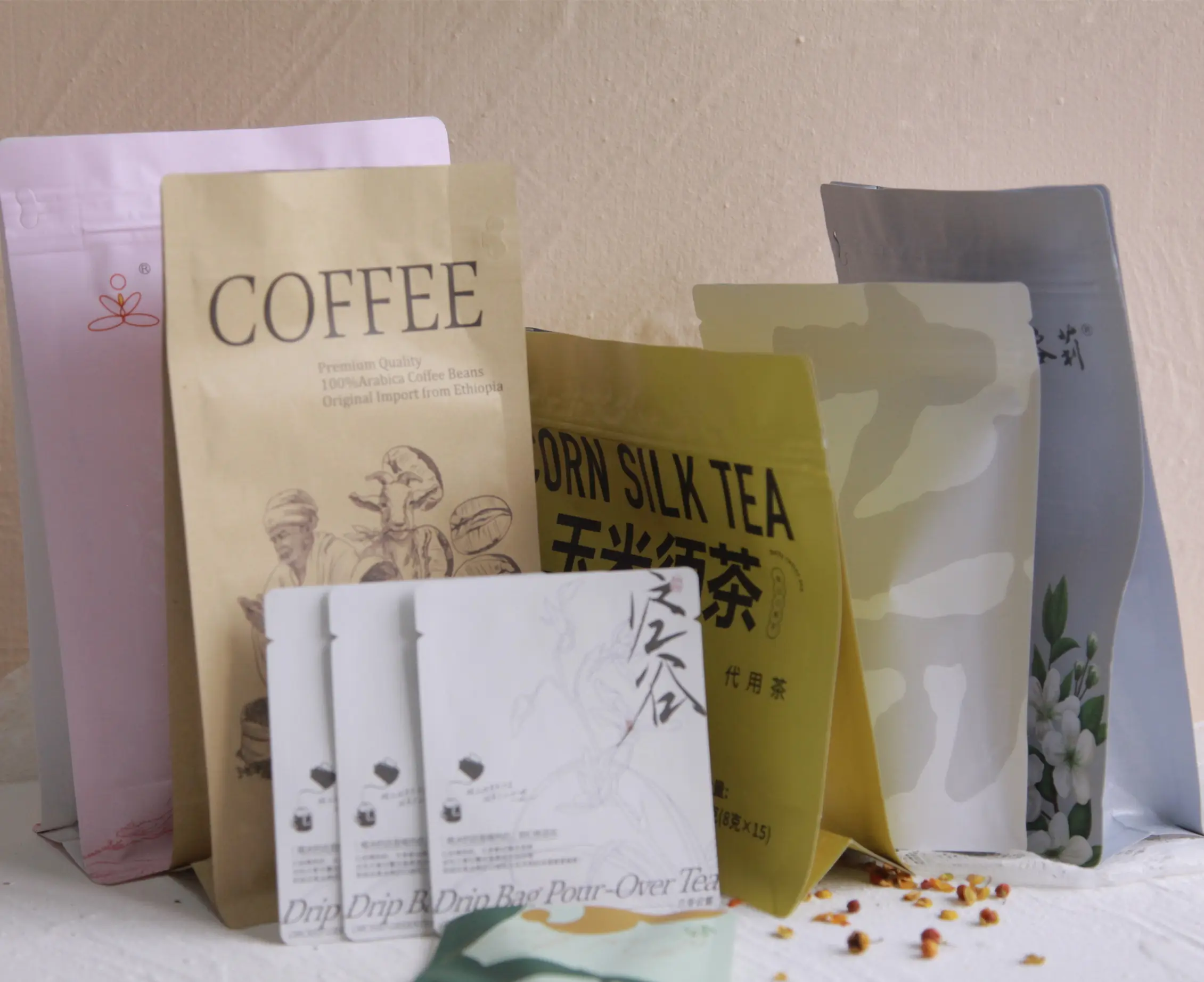 กระเป๋ากระดาษคราฟท์แบบกำหนดเองได้,พร้อมซิปสำหรับบรรจุภัณฑ์ชาและกาแฟ