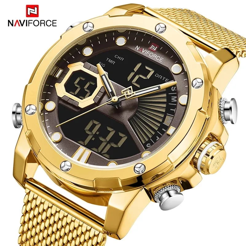 NAVIFORCE9172スポーツステンレススチールゴールドファッション腕時計メンズクォーツ時計クロノグラフデジタル男性時計