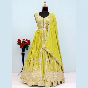 Conjunto de Lehenga Anarkali Amarillo Bordado, Traje Tradicional Indio con Dupatta para Ceremonia de Boda - Product Image 1