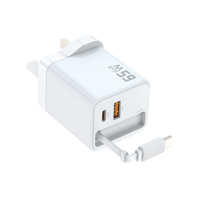 Universal 65W GaN Retractable Cable Wall Charger 3-in-1 Fast Charging PD QC3.0 USB-C Fireproof Portable Charger for Earphone