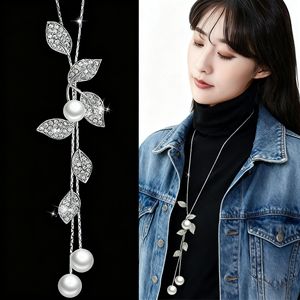 Korean Style Pearl Leaf Necklace Zinc Alloy Long Pendant Sweater Chain Autumn Winter Accessory - Product Image 1