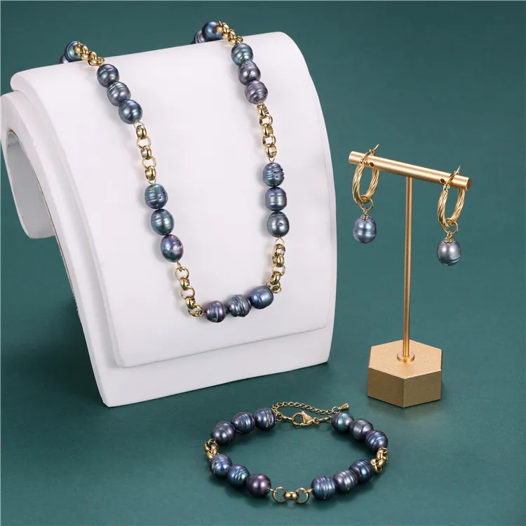 Collier de perles d'eau douce naturelles hawaïennes à chaîne épaisse en acier inoxydable 18 carats, ensemble de boucles d'oreilles et bracelet
