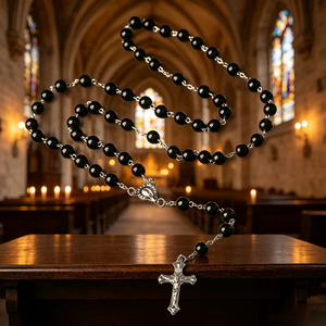 Collier religieux catholique en bois avec perles et croix plaquée argent, en alliage ABS/Zinc, mini perles phosphorescentes, vente en gros, pièce maîtresse - Product Image 1