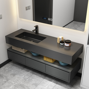 Mueble de Baño de Pizarra con Lavabo Individual, Mueble Flotante con Espejo, Moderno, Montado en la Pared, Negro Mate, para Hotel, <span class=keywords><strong>SIMU</strong></span>, 3 Años de Garantía - Product Image 4