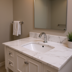 Carrara <b>White</b> Marble Color 43''x22'' Bathroom Vanity Top Single Faucet Hole Undermount Ceramic Sink <b>Back</b> <b>Splash</b> Engineered Stone - Product Image 2