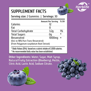 Gummies au resvératrol sans sucre, best-seller OEM - Antioxydant, santé cellulaire, immunité, soutien cérébral et énergétique, saveur myrtille - Product Image 2