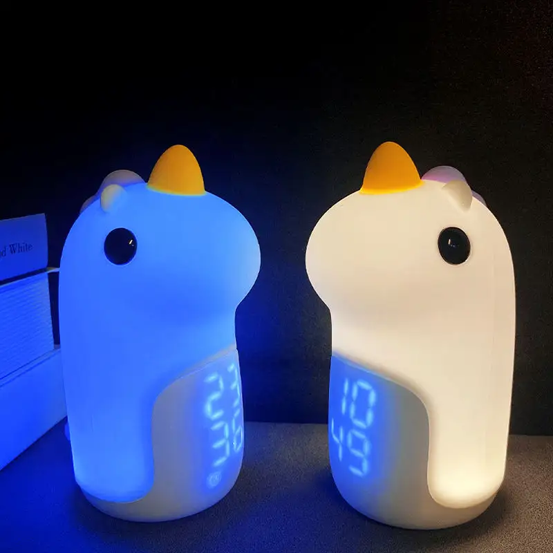 Lámpara de luz nocturna Led de unicornio para niños, reloj despertador de silicona con carga Usb, 7 colores, regalo para niños