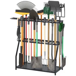 JH-Mech Support de rangement pour outils de jardin d'extérieur avec crochets pour garage Porte-outil polyvalent en métal Organisateur d'outils de jardin pour garage