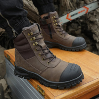 L605-1 Bottes de Travail Montantes avec Fermeture Éclair Latérale, Bottes de Sécurité en Cuir Crazy Horse Marron Foncé avec Semelle Extérieure PU/TPU, Chaussures de Sécurité Australie