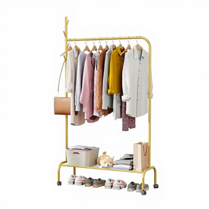 Perchero Metálico Amarillo Minimalista con Ruedas, Estante de Almacenamiento de Dos Niveles, Diseño Multifuncional - Product Image 2