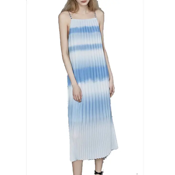 Latest Blue Gradient Suspender Dress Women New Pleated Mid-Length Summer Dresses New Fashion Western